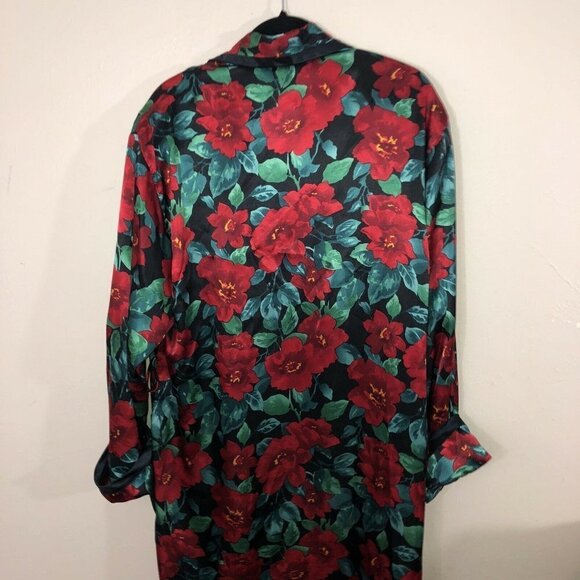 Vintage VICTORIA’S SECRET Long Robe Black Vibrant Red Flowers Satin Sz S - Picture 10 of 11